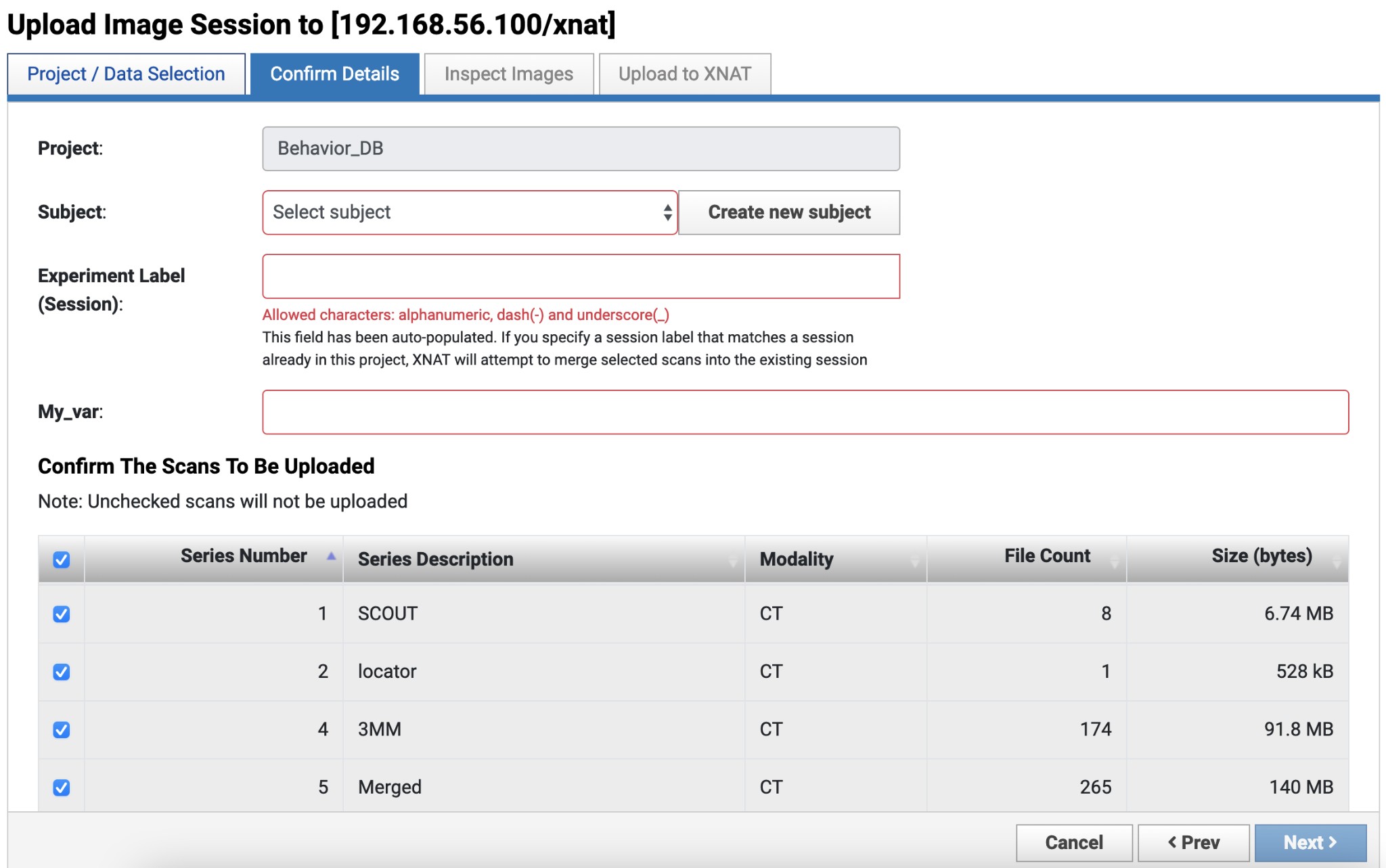 XNAT Desktop Client Confirm Details Screen