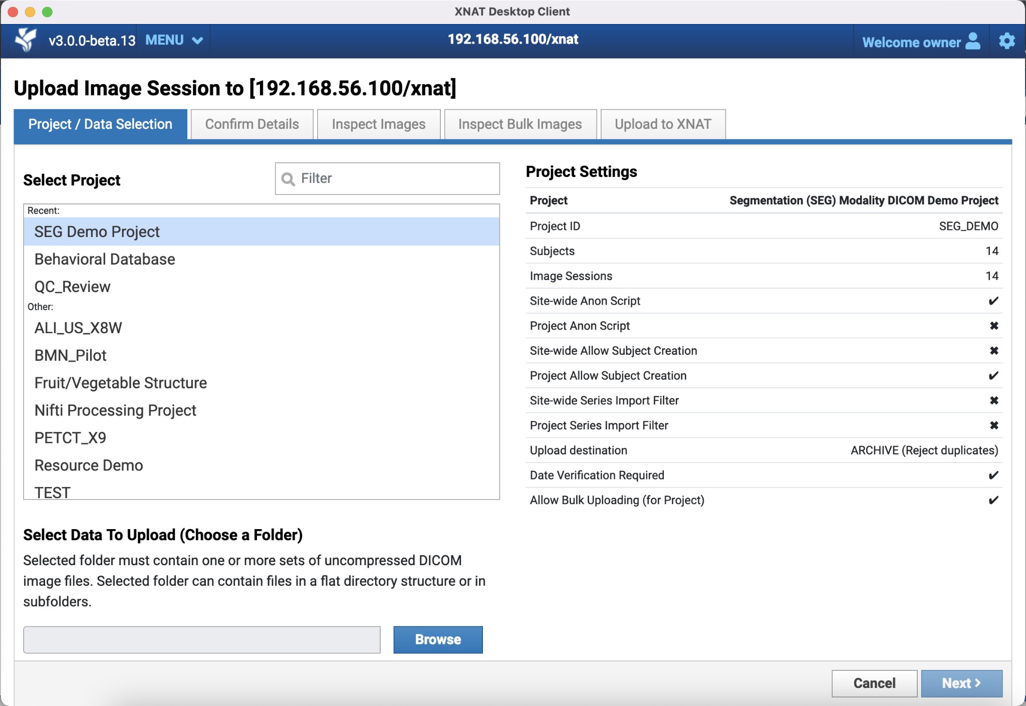 XNAT Desktop Client Project and Data Selection Screen